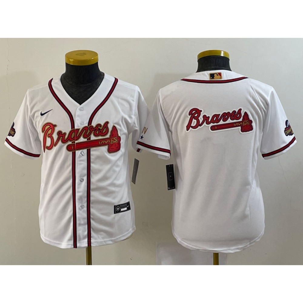 Youth Atlanta Braves Team Big Logo 2022 White Gold World Series Champions Program Stitched Jersey