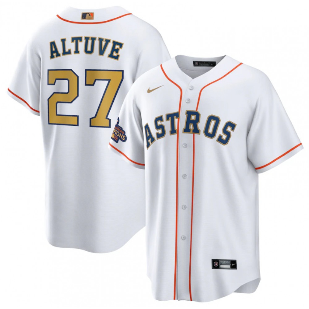 Youth Houston Astros #27 Jose Altuve White 2023 Gold Collection With World Serise Champions Patch Stitched Baseball Jersey