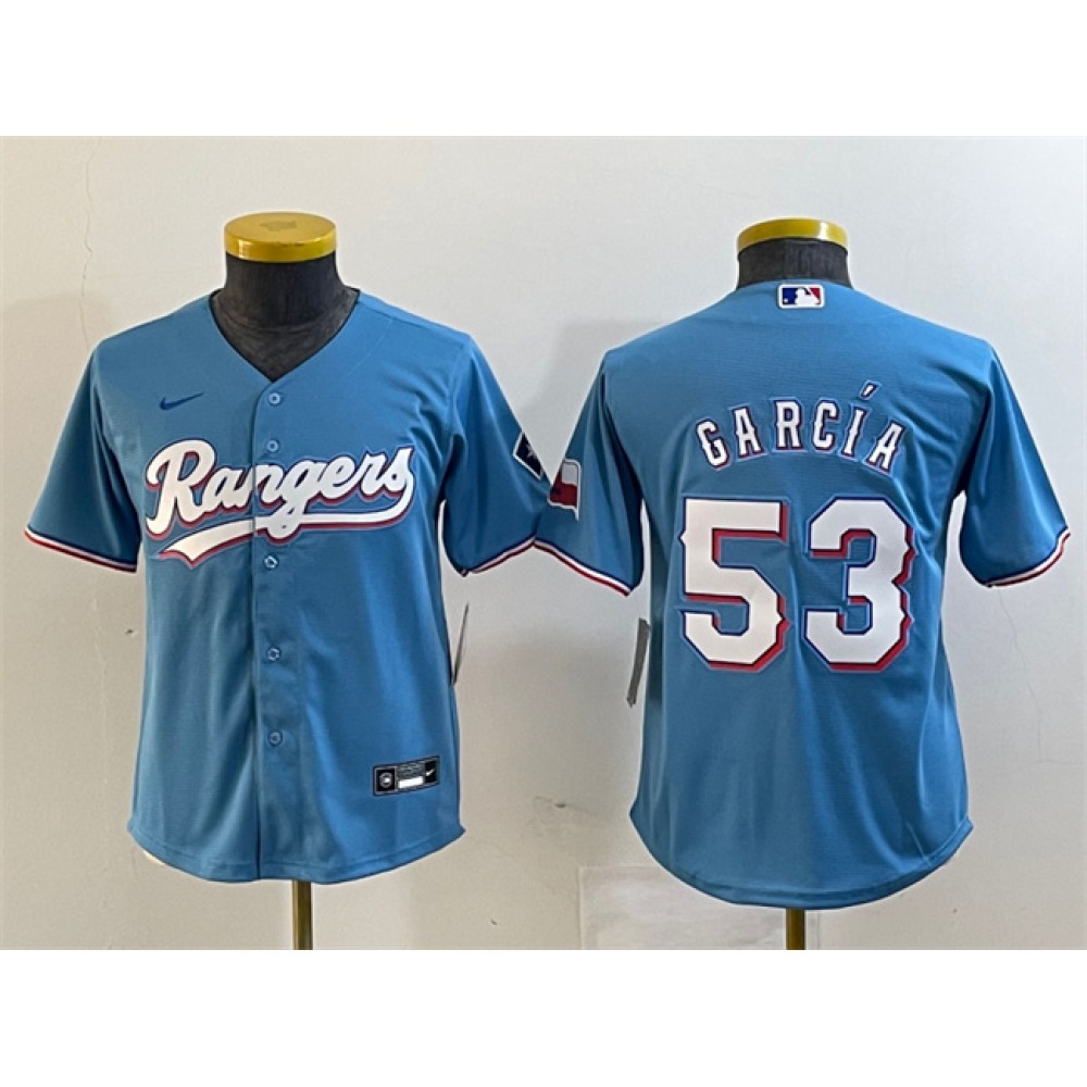 Youth Texas Rangers #53 Adolis Garcia Blue With Patch Stitched Baseball Jersey