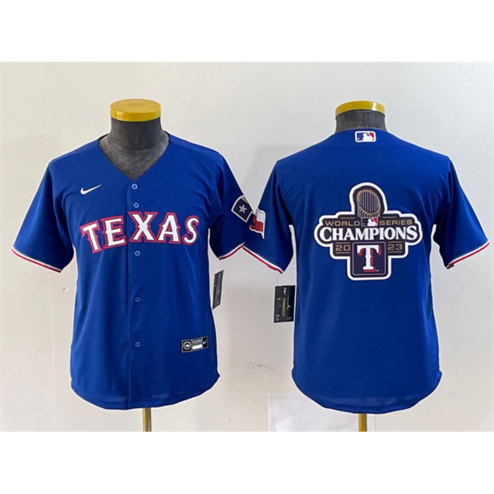 Youth Texas Rangers Royal 2023 World Series Champions Big Logo With Patch Stitched Baseball Jersey