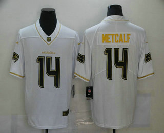 Men's Seattle Seahawks #14 D.K. Metcalf White 100th Season Golden Edition Jersey