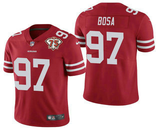 Men's San Francisco 49ers #97 Nick Bosa Red 75th Anniversary Patch 2021 Vapor Untouchable Stitched Nike Limited Jersey