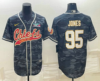 Men's Kansas City Chiefs #95 Chris Jones Grey Camo With Super Bowl LVII Patch Cool Base Stitched Baseball Jersey