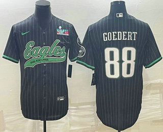 Men's Philadelphia Eagles #88 Dallas Goedert Black Pinstripe With Super Bowl LVII Patch Cool Base Stitched Baseball Jersey