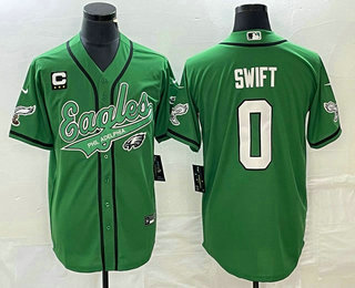 Men's Philadelphia Eagles #0 DAndre Swift Green C Patch Cool Base Stitched Baseball Jersey