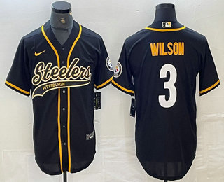 Men's Pittsburgh Steelers #3 Russell Wilson Black With Patch Cool Base Stitched Baseball Jerseys