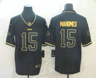 Men's Kansas City Chiefs #15 Patrick Mahomes Black 100th Season Golden Edition Jersey