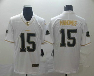 Men's Kansas City Chiefs #15 Patrick Mahomes White 100th Season Golden Edition Jersey