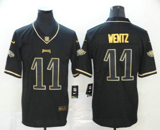 Men's Philadelphia Eagles #11 Carson Wentz Black 100th Season Golden Edition Jersey