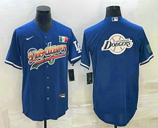 Men's Los Angeles Dodgers Big Logo Rainbow Blue Cool Base Nike Jersey2