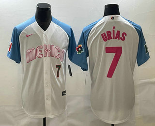 Men's Mexico Baseball #7 Julio Urias Number 2023 White Blue World Classic Stitched Jersey