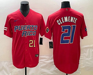 Men's Puerto Rico Baseball #21 Roberto Clemente Number 2023 Red World Classic Stitched Jersey