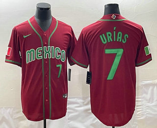 Men's Mexico Baseball #7 Julio Urias Number 2023 Red Green World Baseball Classic Stitched Jerseys