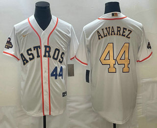 Mens Houston Astros #44 Yordan Alvarez Number 2023 White Gold World Serise Champions Patch Cool Base Stitched Jersey