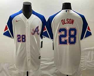 Mens Atlanta Braves #28 Matt Olson Number White 2023 City Connect Cool Base Stitched Jersey