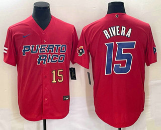 Men's Puerto Rico Baseball #15 Emmanuel Rivera Number 2023 Red World Classic With Patch Stitched Jerseys