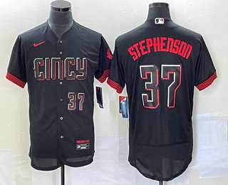 Men's Cincinnati Reds #37 Tyler Stephenson Number Black 2023 City Connect Flex Base Stitched Jersey