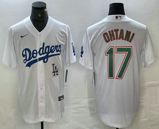 Men's Los Angeles Dodgers #17 Shohei Ohtani White Green Stitched Cool Base Nike Jersey