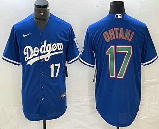 Men's Los Angeles Dodgers #17 Shohei Ohtani Number Blue Green Stitched Cool Base Nike Jerseys