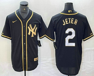 Men's New York Yankees #2 Derek Jeter Black Gold Cool Base Stitched Baseball Jersey