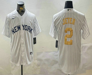 Men's New York Yankees #2 Derek Jeter White Pinstripe Name Fashion Cool Base Jersey