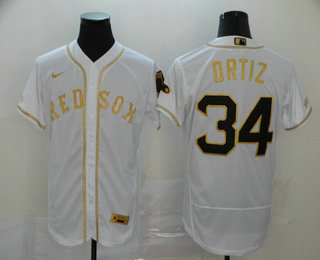 Men's Boston Red Sox #34 David Ortiz White With Gold Stitched MLB Flex Base Nike Jersey