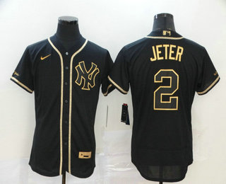 Men's New York Yankees #2 Derek Jeter Black Golden Stitched MLB Flex Base Nike Jersey