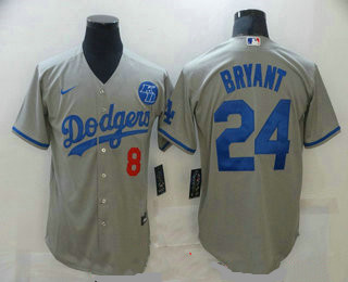 Men's Los Angeles Dodgers #8 #24 Kobe Bryant Grey KB Patch Stitched MLB Cool Base Nike Jersey