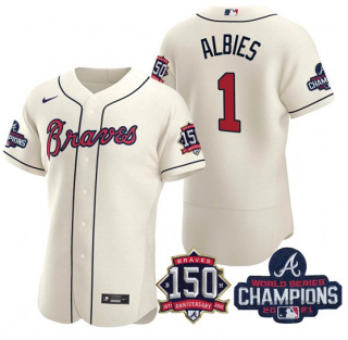 Men's Cream Atlanta Braves #1 Ozzie Albies 2021 World Series Champions With 150th Anniversary Flex Base Stitched Jersey