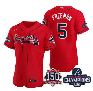 Men's Red Atlanta Braves #5 Freddie Freeman 2021 World Series Champions With 150th Anniversary Flex Base Stitched Jersey