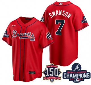 Men's Red Atlanta Braves #7 Dansby Swanson 2021 World Series Champions With 150th Anniversary Patch Cool Base Stitched Jersey