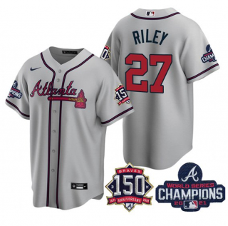 Men's Grey Atlanta Braves #27 Austin Riley 2021 World Series Champions With 150th Anniversary Patch Cool Base Stitched Jersey