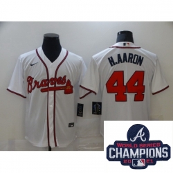 Men Nike Atlanta Braves 44 Hank Aaron White Stitched MLB 2021 Champions Patch Jersey