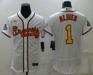 Men's Atlanta Braves #1 Ozzie Albies White Gold 2021 World Series Champions Stitched MLB Flex Base Jersey