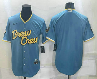 Men's Milwaukee Brewers Blank Blue 2022 City Connect Cool Base Stitched Jersey