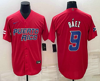 Men's Puerto Rico Baseball #9 Javier Baez 2023 Red World Baseball Classic Stitched Jersey