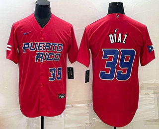 Mens Puerto Rico Baseball #39 Edwin Diaz Number 2023 Red World Baseball Classic Stitched Jersey