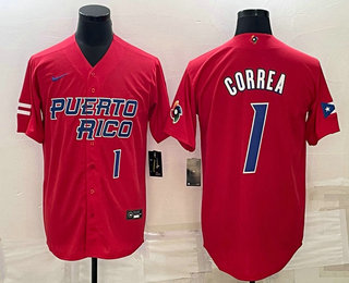 Mens Puerto Rico Baseball #1 Carlos Correa Number 2023 Red World Baseball Classic Stitched Jersey