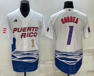 Men's Puerto Rico Baseball #1 Carlos Correa Number White 2023 World Baseball Classic Stitched Jerseys