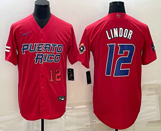 Mens Puerto Rico Baseball #12 Francisco Lindor Number 2023 Red World Baseball Classic Stitched Jersey