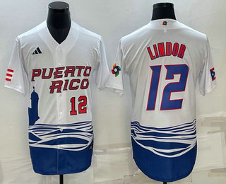 Men's Puerto Rico Baseball #23 Francisco Lindor Number White 2023 World Baseball Classic Stitched Jersey