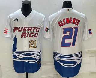 Men's Puerto Rico Baseball #21 Roberto Clemente Number 2023 White World Baseball Classic Stitched Jersey