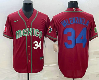 Men's Mexico Baseball #34 Fernando Valenzuela Number 2023 Red Blue World Baseball Classic Stitched Jersey1